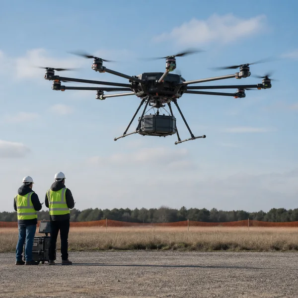 Engineers monitoring a heavy-lift drone during a controlled payload flight test