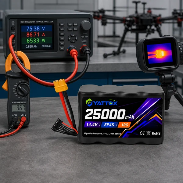 YATTOX 25000mAh battery in a current-draw and connector temperature test setup