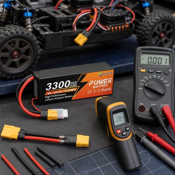 RC LiPo battery connector inspection with infrared thermometer, multimeter and wire samples