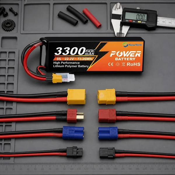 RC battery connector types including XT60, Deans, EC and TRX styles beside a NewYenk LiPo battery