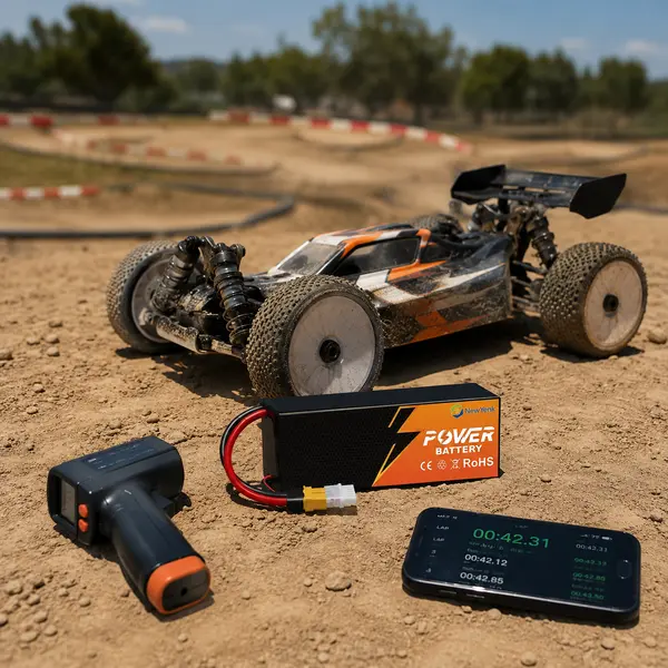 RC buggy and NewYENK-style LiPo battery during a track temperature test