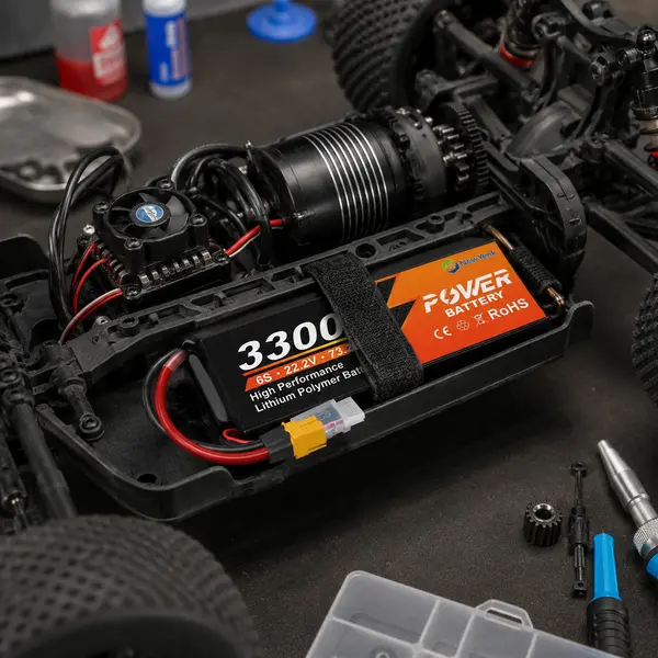 NewYENK RC LiPo battery secured in an RC car battery tray