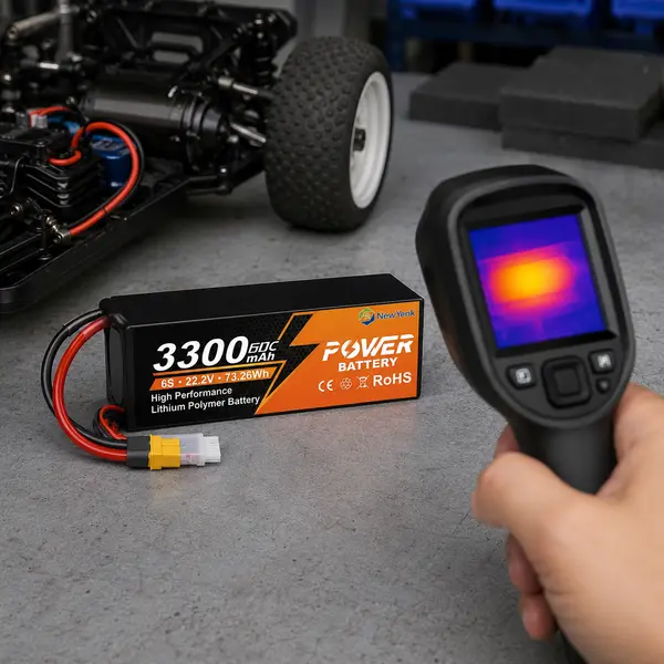 Thermal camera inspection of a NewYENK RC LiPo battery after use