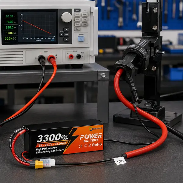 NewYENK RC LiPo battery undergoing current and temperature testing