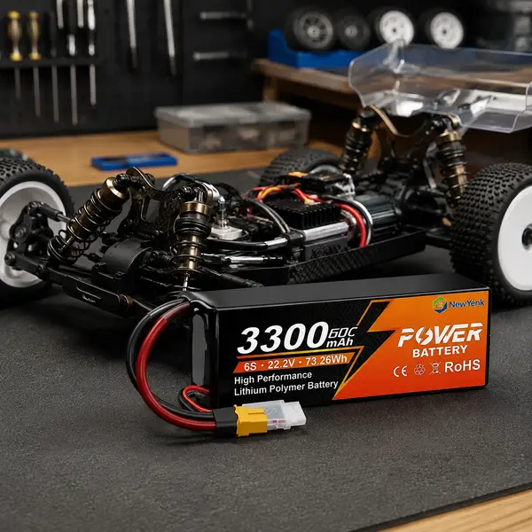 NewYENK RC LiPo battery beside a high-performance RC buggy