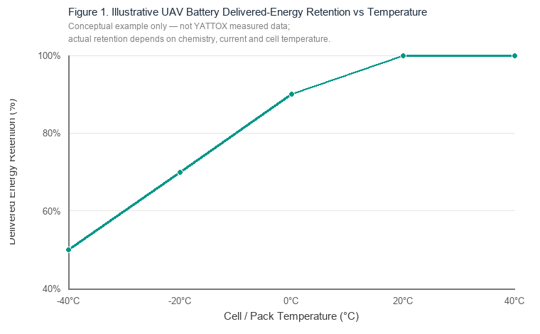 Illustrative UAV battery delivered-energy retention versus temperature