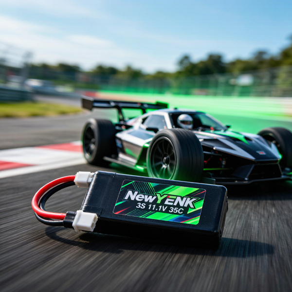 RC car with NewYENK 3S 11.1V LiPo battery installed on track
